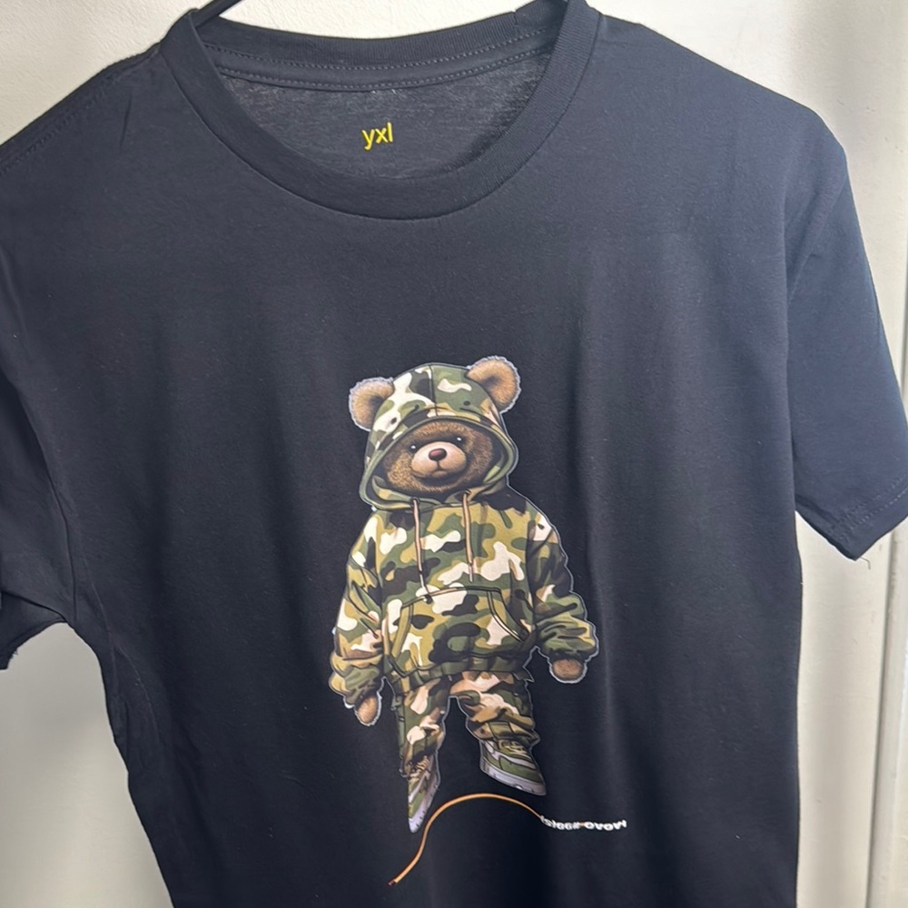 Black Graphic Tee with Camouflage Bear by